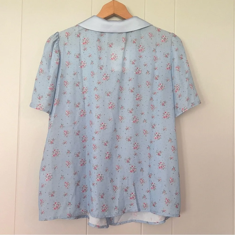 Simple Retro Blue Pink Romantic Bohemian Peter Pan Collar Button Down Top  NWT L - Picture 2 of 10